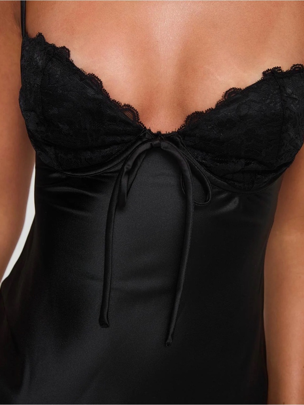 Black Satin Lace Trim Slip Dress - Picture 2 of 4